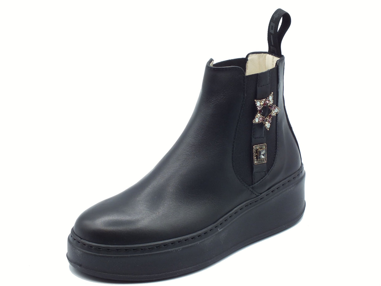 GIO+ GIO+ PIADA04L Combi Black Tronchetti per Donna in pelle con applicazioni zeppa media Black