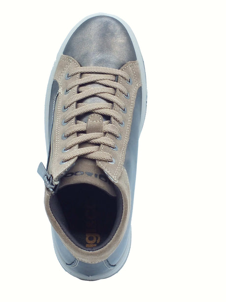 Igi&Co Igi&Co 8670011 Laminato Taupe Sneakers con zeppa bassa per Donna in pelle con lampo e lacci Taupe