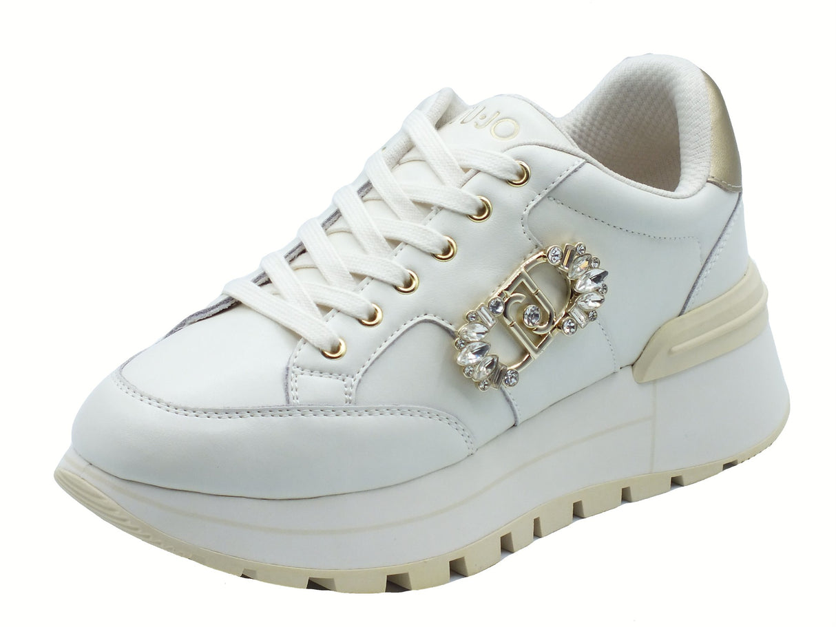 LIU JO LIU JO BF5043 Amazing Milk Sneakers moda per Donna in pelle con zirconi e zeppa Amazing Milk