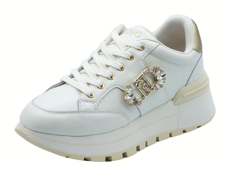 LIU JO LIU JO BF5043 Amazing Milk Sneakers moda per Donna in pelle con zirconi e zeppa Amazing Milk