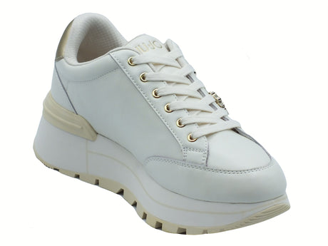 LIU JO LIU JO BF5043 Amazing Milk Sneakers moda per Donna in pelle con zirconi e zeppa Amazing Milk