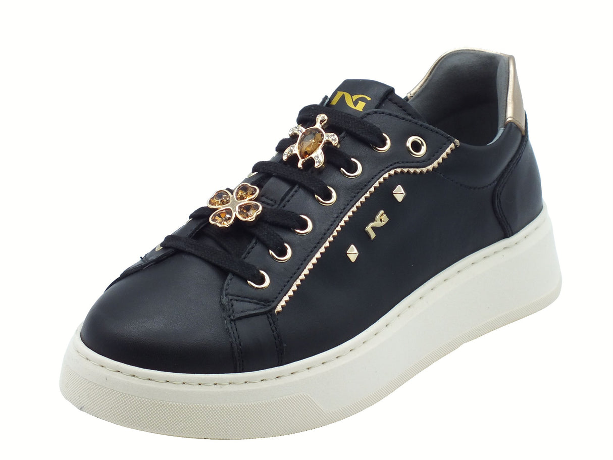 Nero Giardini NeroGiardini I514170D Guanto Nero Sneakers per Donna in pelle zeppa bassa applicazioni ambra Nero