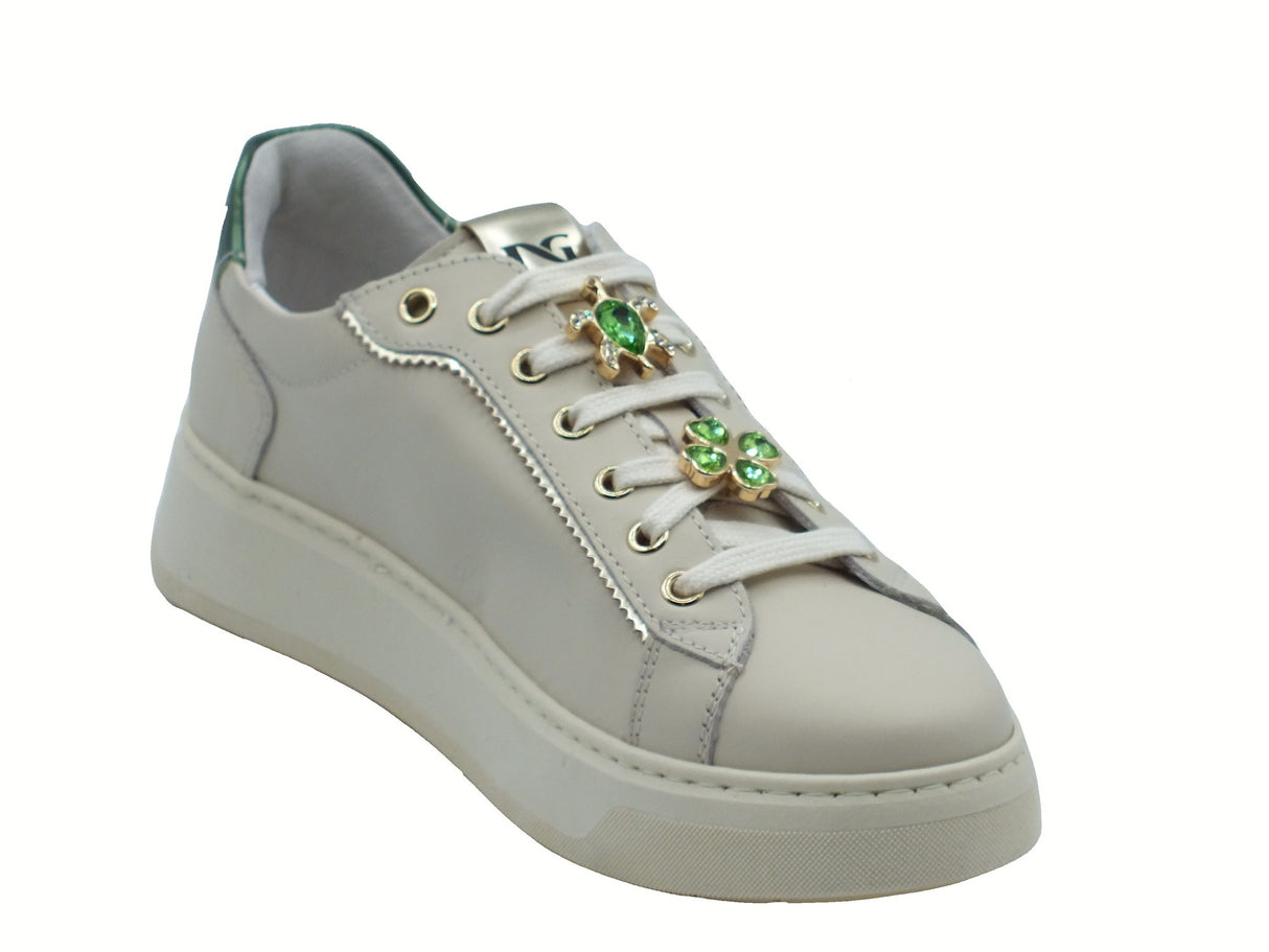 Nero Giardini NeroGiardini I514171D Velvet Milk Sneakers per Donna in pelle zeppa bassa applicazioni verdi Velvet Milk