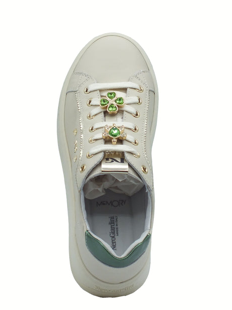 Nero Giardini NeroGiardini I514171D Velvet Milk Sneakers per Donna in pelle zeppa bassa applicazioni verdi Velvet Milk