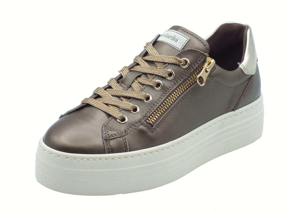 Nero Giardini NeroGiardini I514185D Bagoya Brown Sneakers per Donna in pelle zeppa bassa elementi oro Bagoya Brown