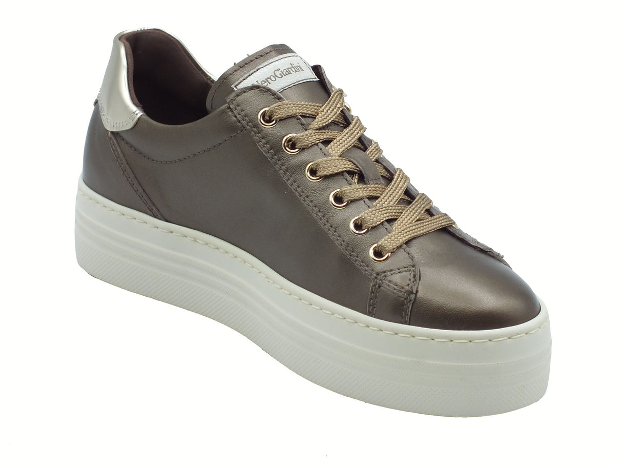 Nero Giardini NeroGiardini I514185D Bagoya Brown Sneakers per Donna in pelle zeppa bassa elementi oro Bagoya Brown