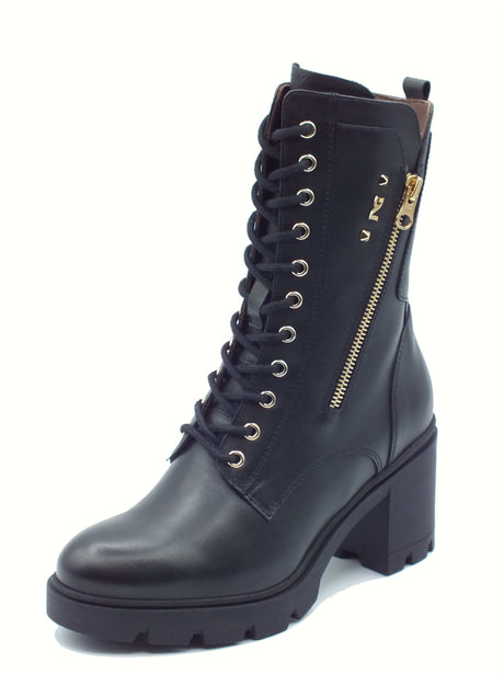 Nero Giardini NeroGiardini I514881D Guanto Nero Anfibi moda per Donna in pelle con lacci e lampo tacco alto Nero