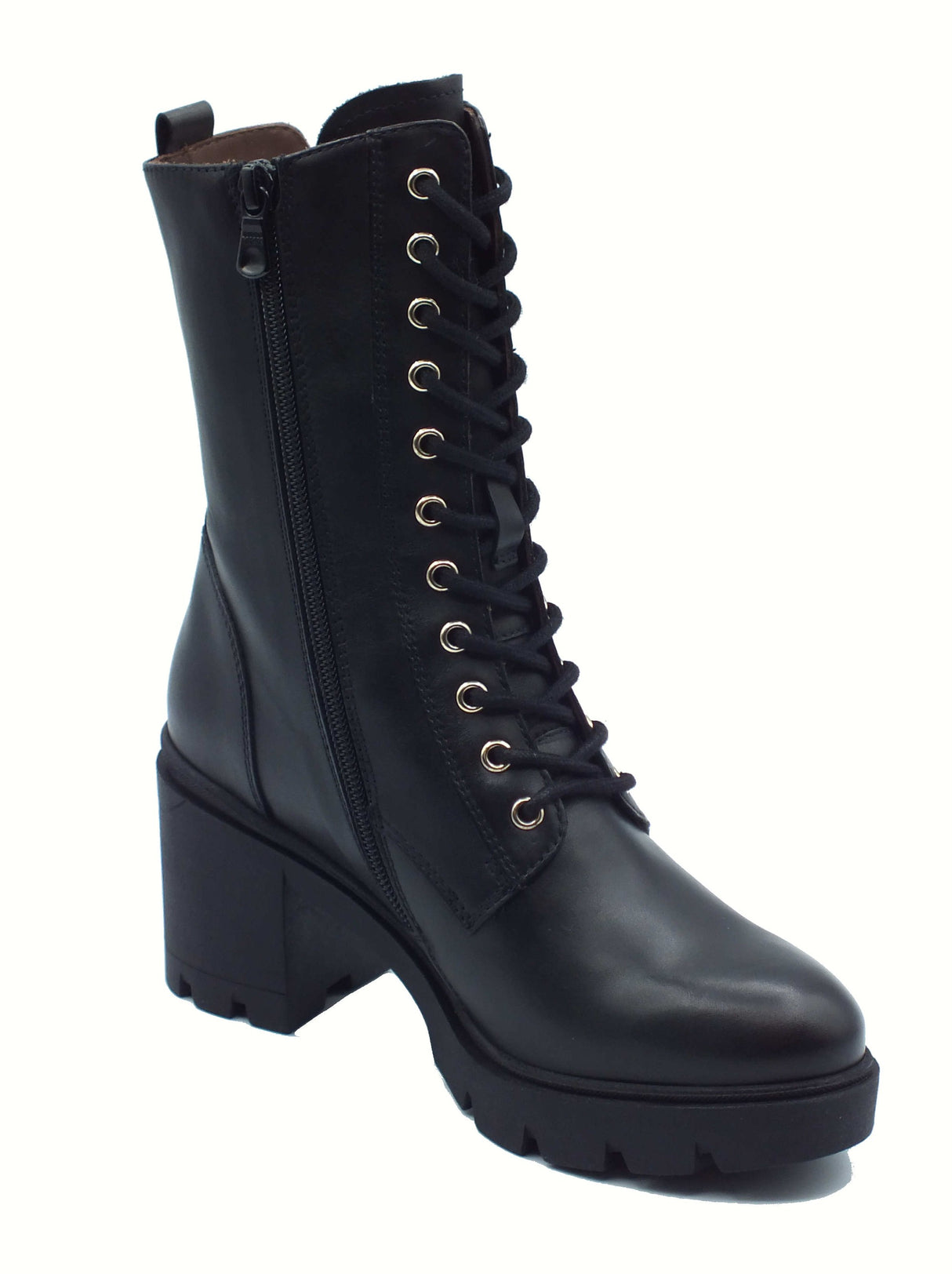 Nero Giardini NeroGiardini I514881D Guanto Nero Anfibi moda per Donna in pelle con lacci e lampo tacco alto Nero