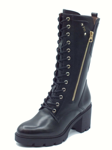 Nero Giardini NeroGiardini I514882D Guanto Nero Anfibi moda per Donna in pelle con lacci e lampo tacco alto Nero