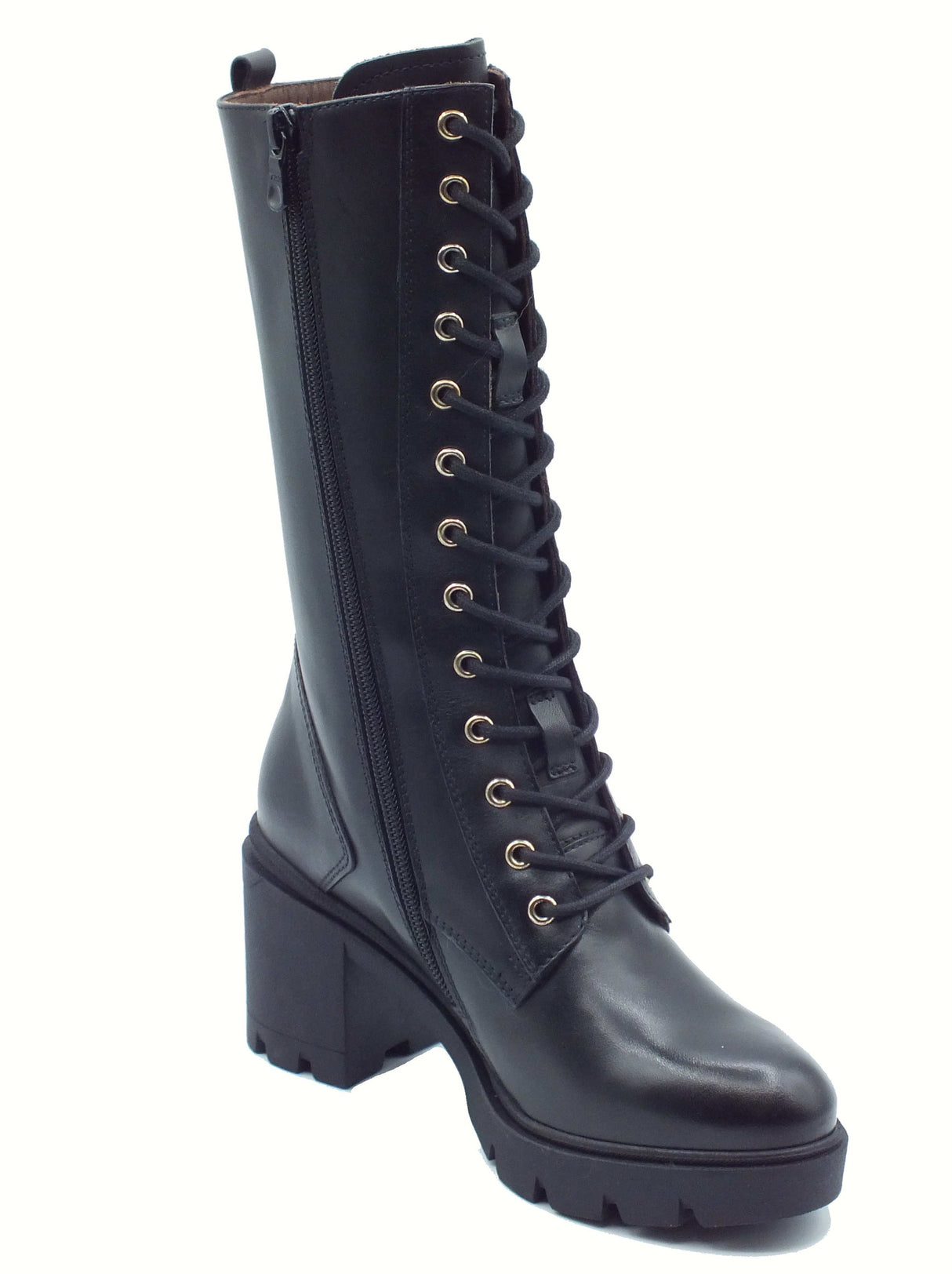 Nero Giardini NeroGiardini I514882D Guanto Nero Anfibi moda per Donna in pelle con lacci e lampo tacco alto Nero