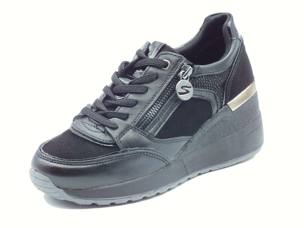 Stonefly Stonefly 223233 Black Sneakers per Donna in camoscio e pelle con lacci, lampo e zeppa media Black