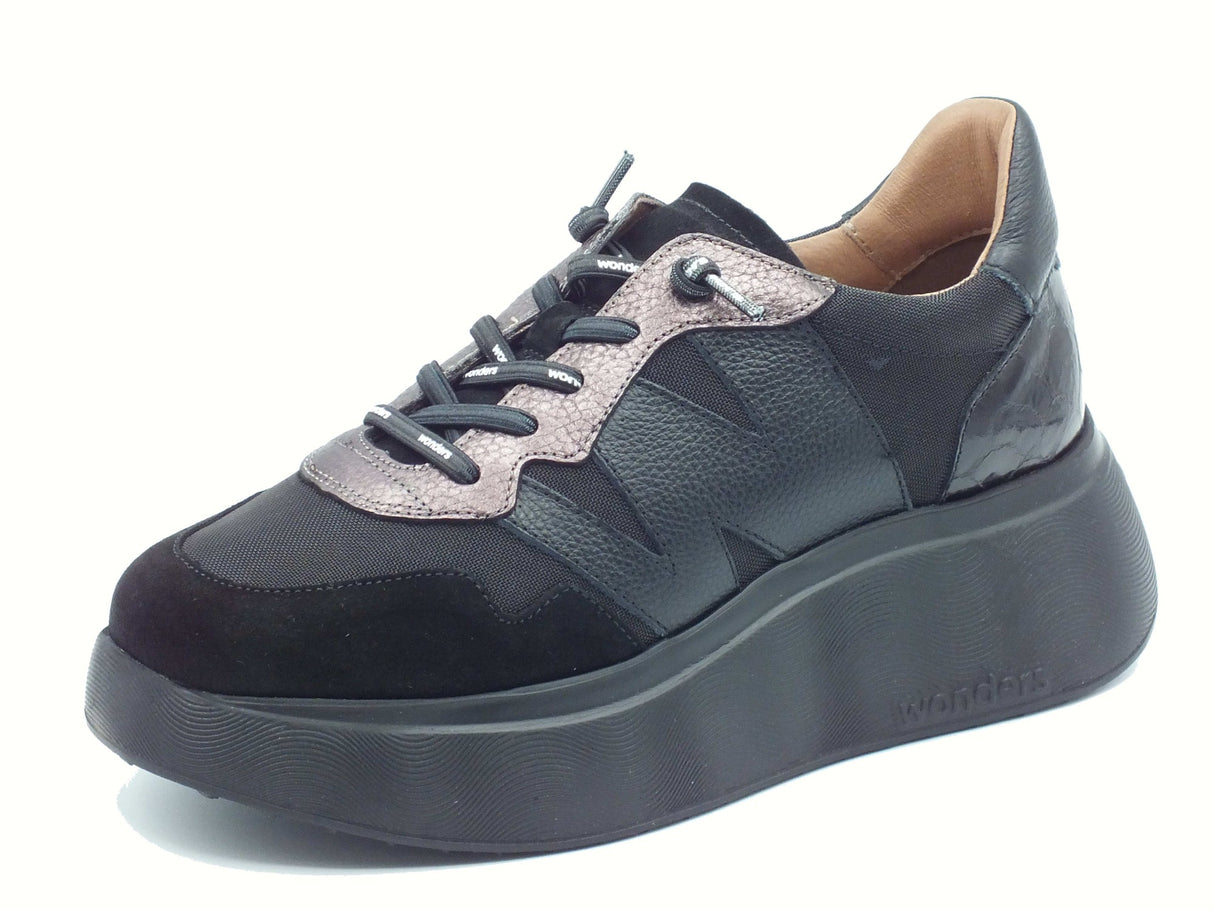 Wonders Wonders A-3631 Roma Trend Negro Sneakers per Donna in tessuto e nabuk nero zeppa alta Negro