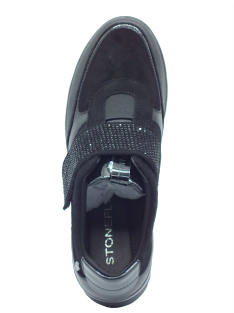 Stonefly Stonefly Sneakers confort Donna 224211 Cream Patent Strass Black pelle nero Black