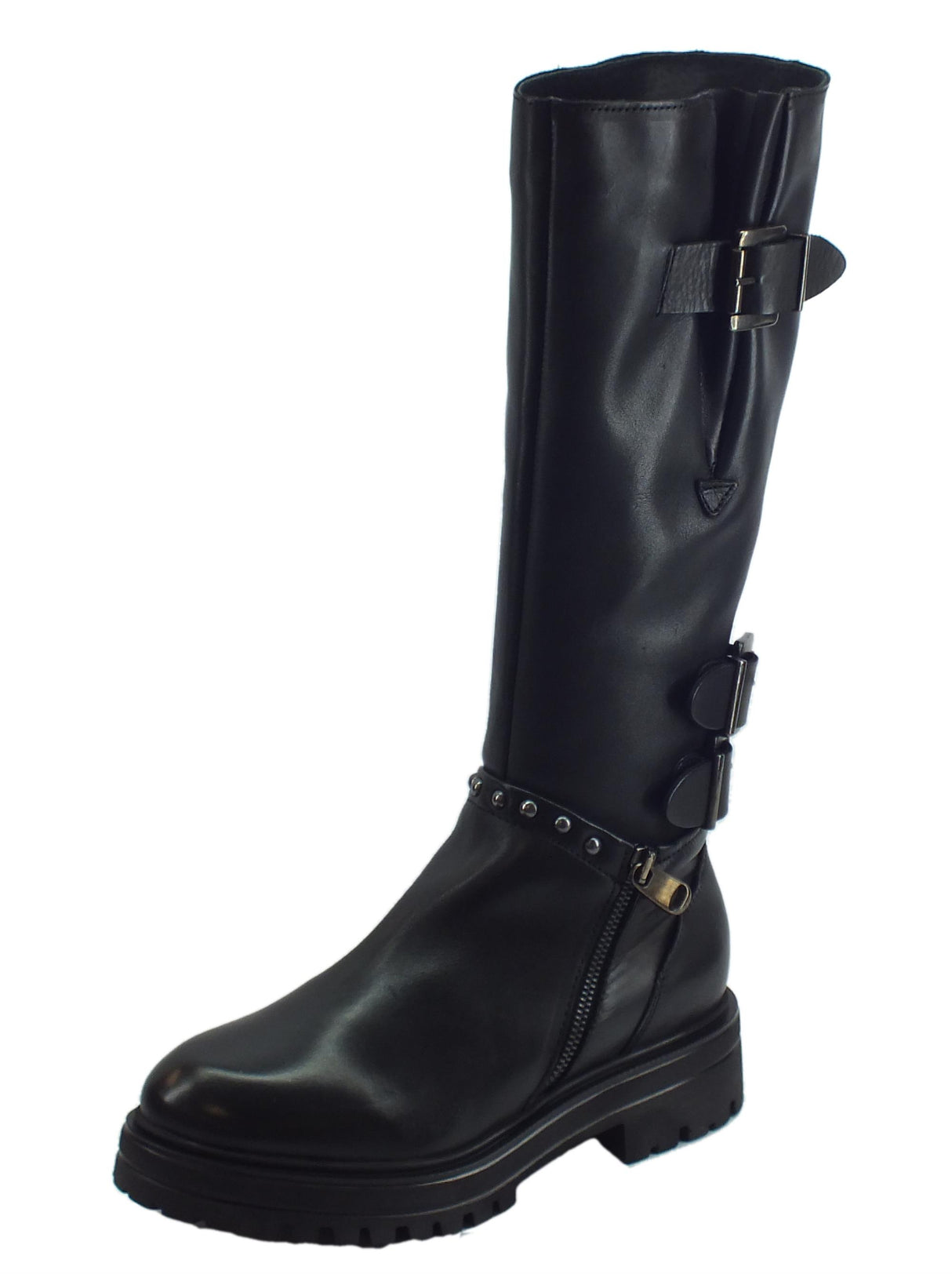 CafèNoir Stivali CafèNoir per donna modello tecnico in pelle nera con fibbie e lampo Nero