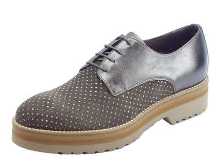 Nero Giardini Scarpe NeroGiardini per donna in camoscio torba e pelle verdegris con bulloncini Verdegris