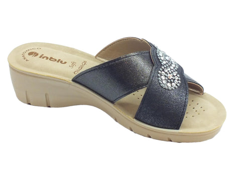 InBlu InBlu ciabatte per donna in ecopelle nera con brillantini zeppa media Nero