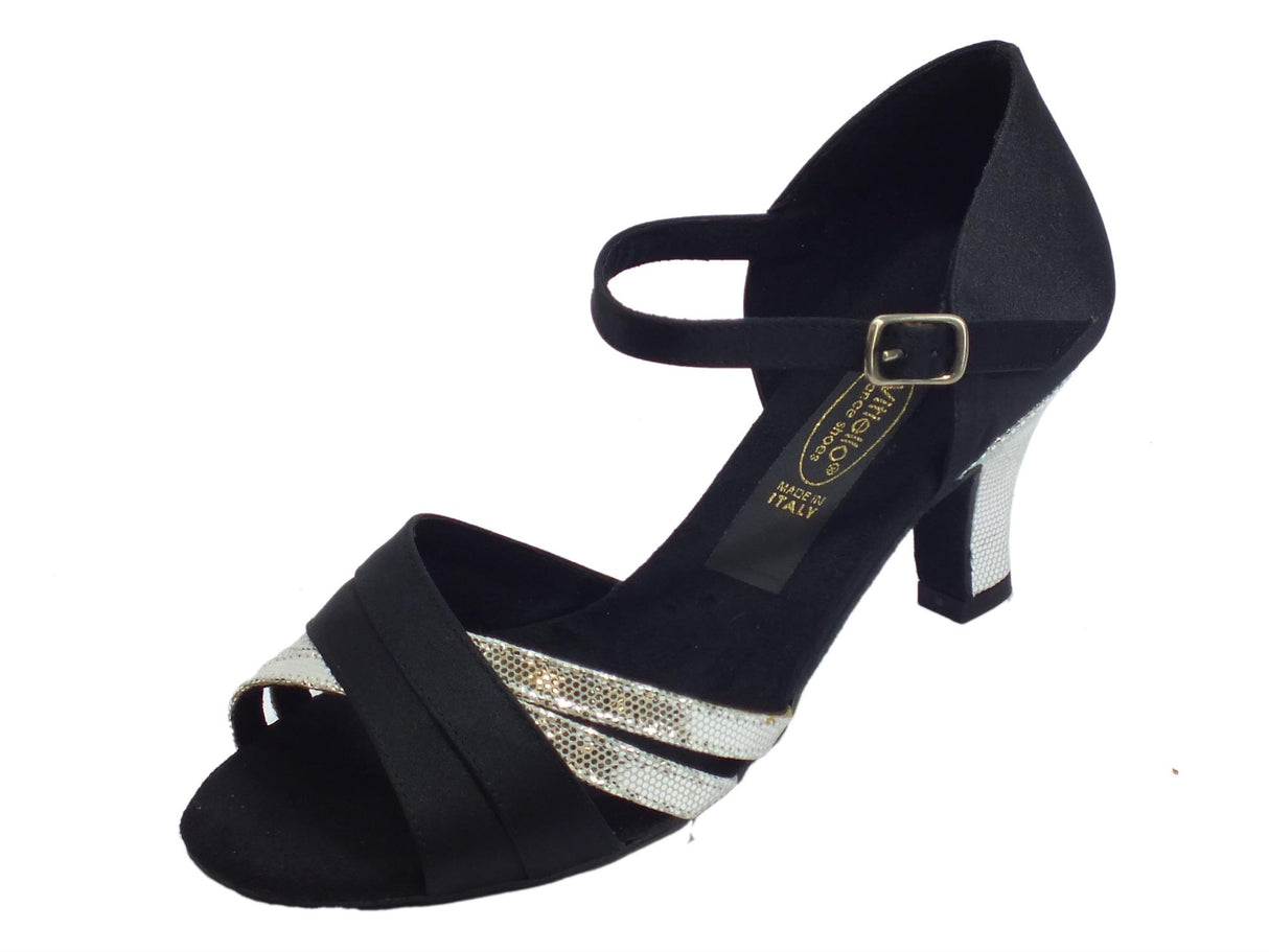 Vitiello dance shoes Scarpa da donna per ballo latino-americano in raso nero e satinato argento Nero/Argento