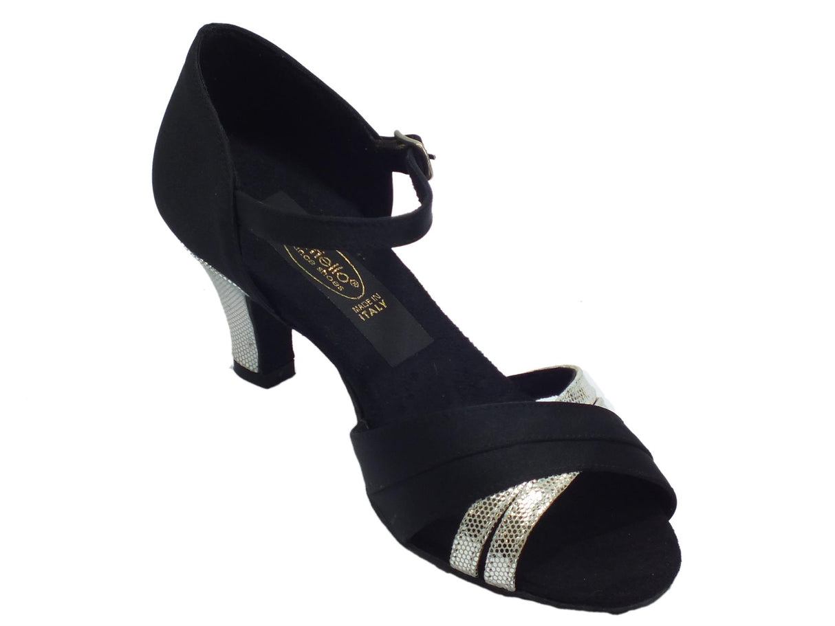 Vitiello dance shoes Scarpa da donna per ballo latino-americano in raso nero e satinato argento Nero/Argento