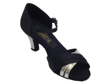 Vitiello dance shoes Scarpa da donna per ballo latino-americano in raso nero e satinato argento Nero/Argento