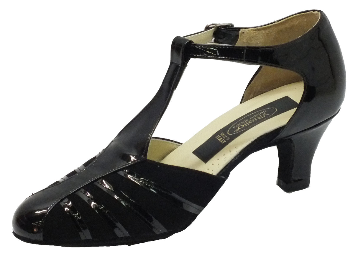 Vitiello dance shoes Scarpa da donna per ballo standard in vernice colore nero e camoscio tacco 50R Nero