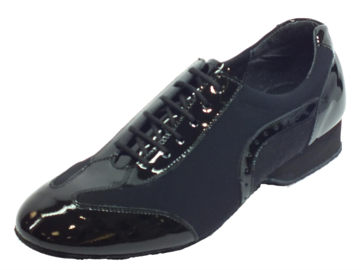 Vitiello dance shoes Scarpa da ballo per uomo in tessuto elasticizzato e vernice nera con rialzo 2,5cm Nero