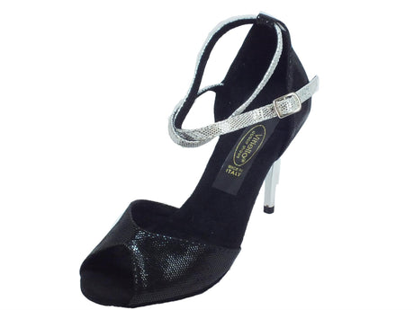 Vitiello dance shoes Scarpa da donna per ballo tango in tomaia satinato nero e cinturino satinato argento Nero