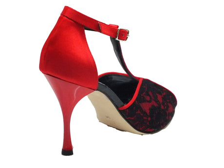 Vitiello dance shoes Scarpa da donna per ballo tango in macramè nero e raso rosso Rosso/Nero