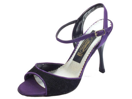 Vitiello dance shoes Scarpa da donna per ballo tango in macramè nero e raso viola Nero/Viola